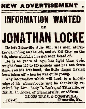 Ad taken out by Sarah (Sally) Locke looking for Jonthan Locke after his dissappearance in July 1870.