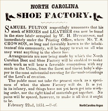 Samuel Fulton - North Carolina Shoe Factory Ad 22 Feb 1851