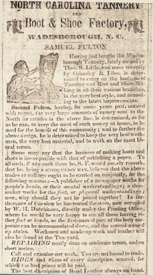 image: Samuel Fulton Tannery Purchase Ad in NC Argus 15 Mar 1851